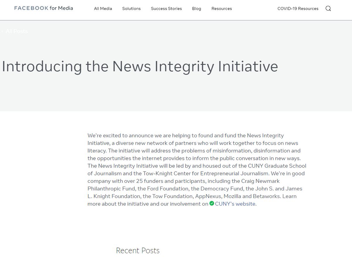 Facebook : We're excited to announce we're helping to found and fund News Integrity Initiative, a diverse new network of partners who will work together to focus on news literacy. The initiative will address the problems of misinformation, disinformation. https://www.facebook.com/formedia/blog/introducing-the-news-integrity-initiative