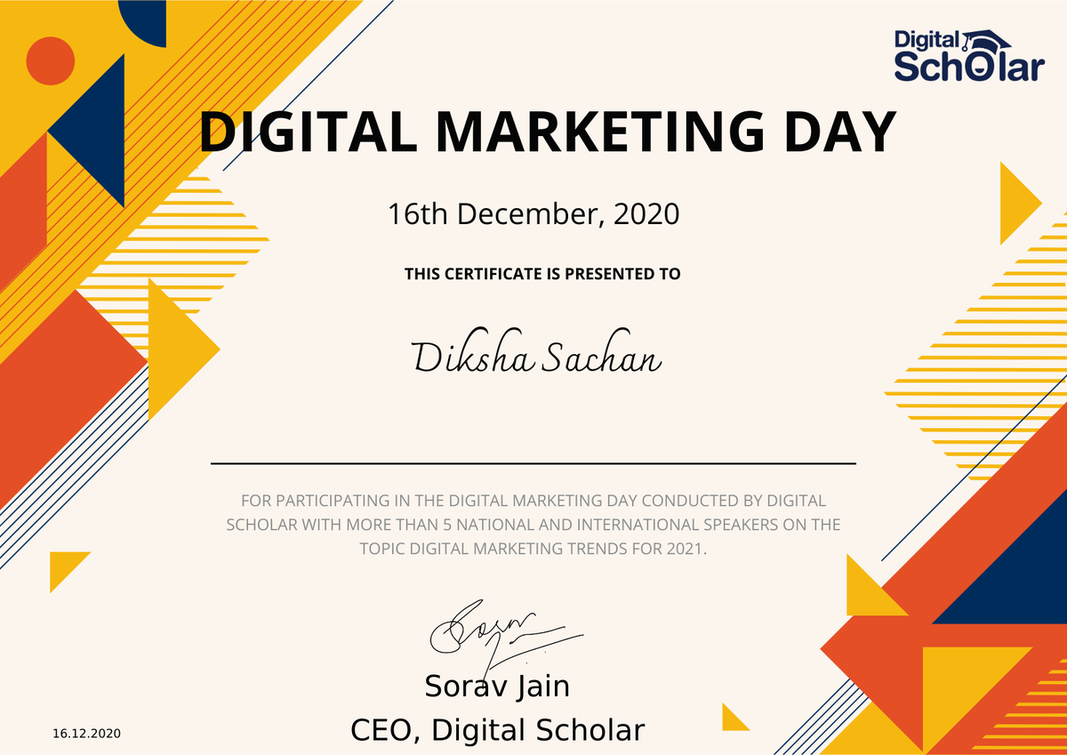 Diksha_Sachan_'s tweet photo. I am happy to share this certificate as this day 16 December is very special now as it's a Digital Marketing Day #DMDay2020. Thanks for organizing this day sir @SoravJain . I genuinely appreciate all the efforts of you and your team @echoVME . https://t.co/o9eYnGFUaz