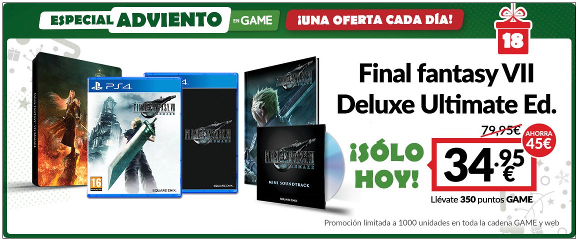 VideojuegosGAME's tweet photo. ¡Otra nueva #OfertasDeAdvientoGAME ha aparecido con #FinalFantasyVIIRemake DELUXE Exclusiva GAME! 😮 ¡Date prisa! Solo disponible HOY en tiendas GAME y https://t.co/AQLn08BEQn hasta fin de existencias ⬇⬇⬇

https://t.co/xHyivcVXHC https://t.co/5wBzrYgQAP