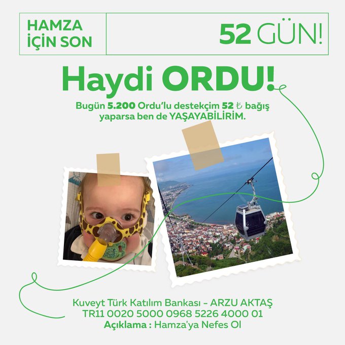 Ordu'nun plakası 52. 

Hamza bebeğin hastalıkla mücadele için de 
52 günü kalmış.

İyileşme umudu için bu ilacı 2 yaşından önce alması gerekiyor.
<a href="/smahamza5/">hamzayasasin</a>