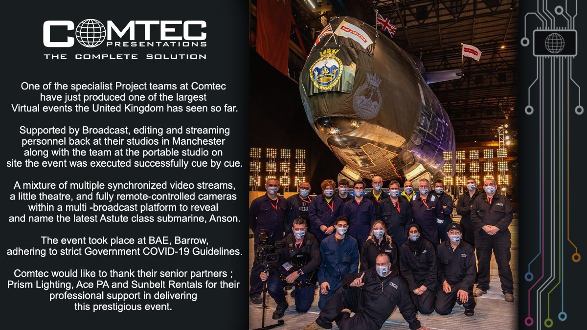 comtec_pres's tweet photo. BAE's fifth Astute Class submarine naming ceremony.
#eventproductionmanchester #experience #events #digital #videoproduction #VirtualEventsManchester #graphicsproduction #innovation #communication #liveevents https://t.co/lXHyRnvJkb