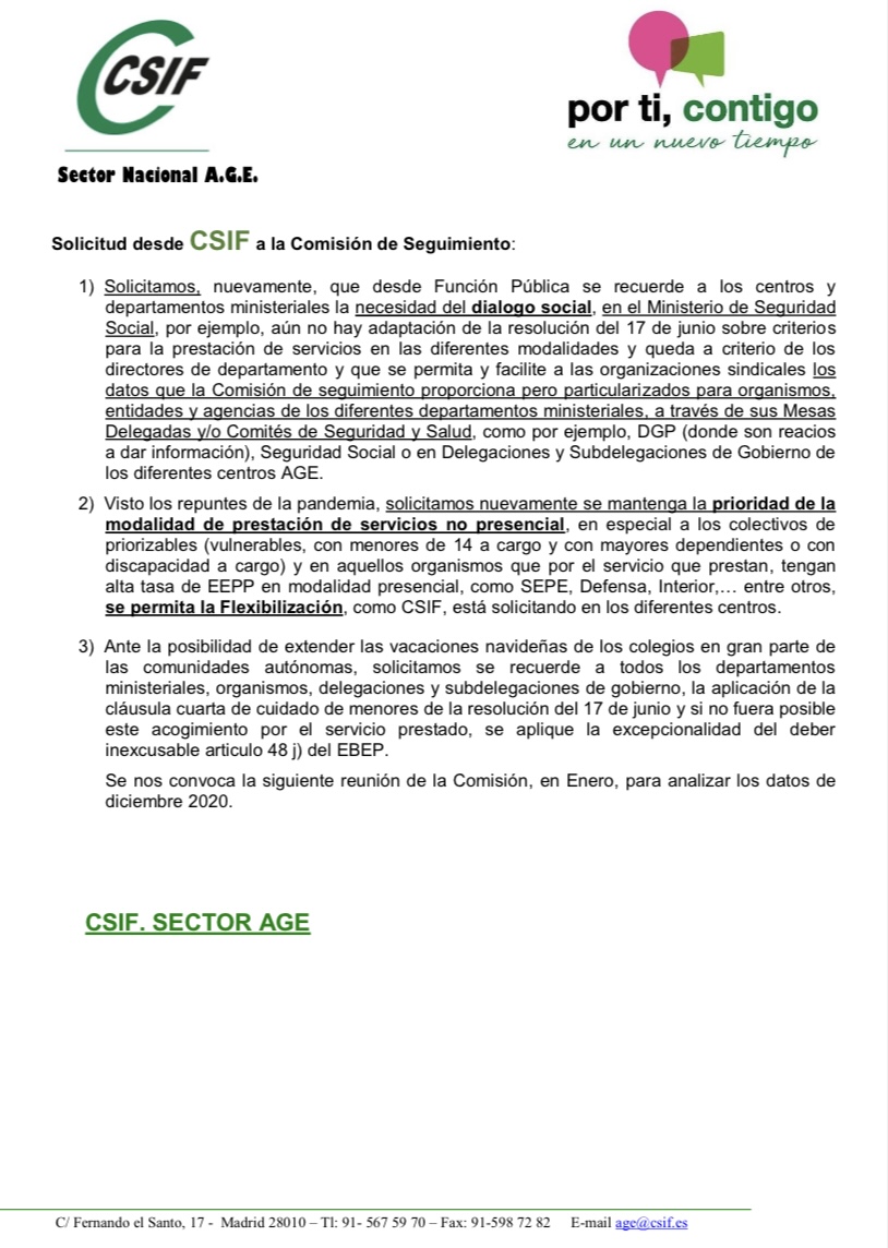 Ante la subida de contagios por la COVID-19, @CsifageN seguimos solicitando prestar servicios "No Esenciales" en  modalidad no presencial y mayor flexibilización.👇👇👇