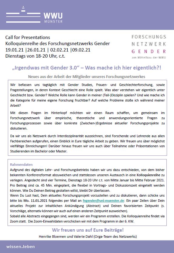 fngenderwwu's tweet photo. #CfP „Irgendwas mit Gender 3.0“ – Was mache ich hier eigentlich?! 

Dieses Jahr möchten wir uns im Rahmen einer digitalen Kolloquienreihe über die Arbeit der Mitglieder des #fngender austauschen. 

Kommt vorbei, präsentiert und diskutiert. 

#4GenderStudies #wwu #savethedate https://t.co/tEXAS6Bb2m