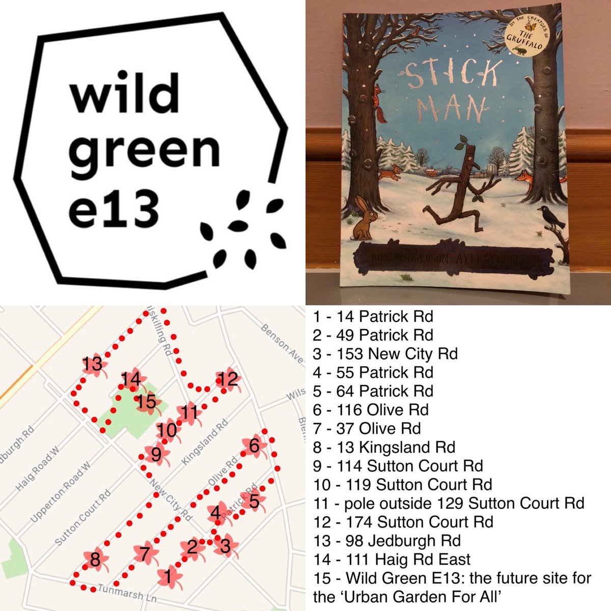 wildgreene13's tweet photo. Our next story trail starts tomorrow! Start on Patrick Road and follow the map to read the Stick Man #wildgreen_e13 #communitygarden #communityproject #storytrail #stickman #Plaistow #newham https://t.co/7RDmL51hb3
