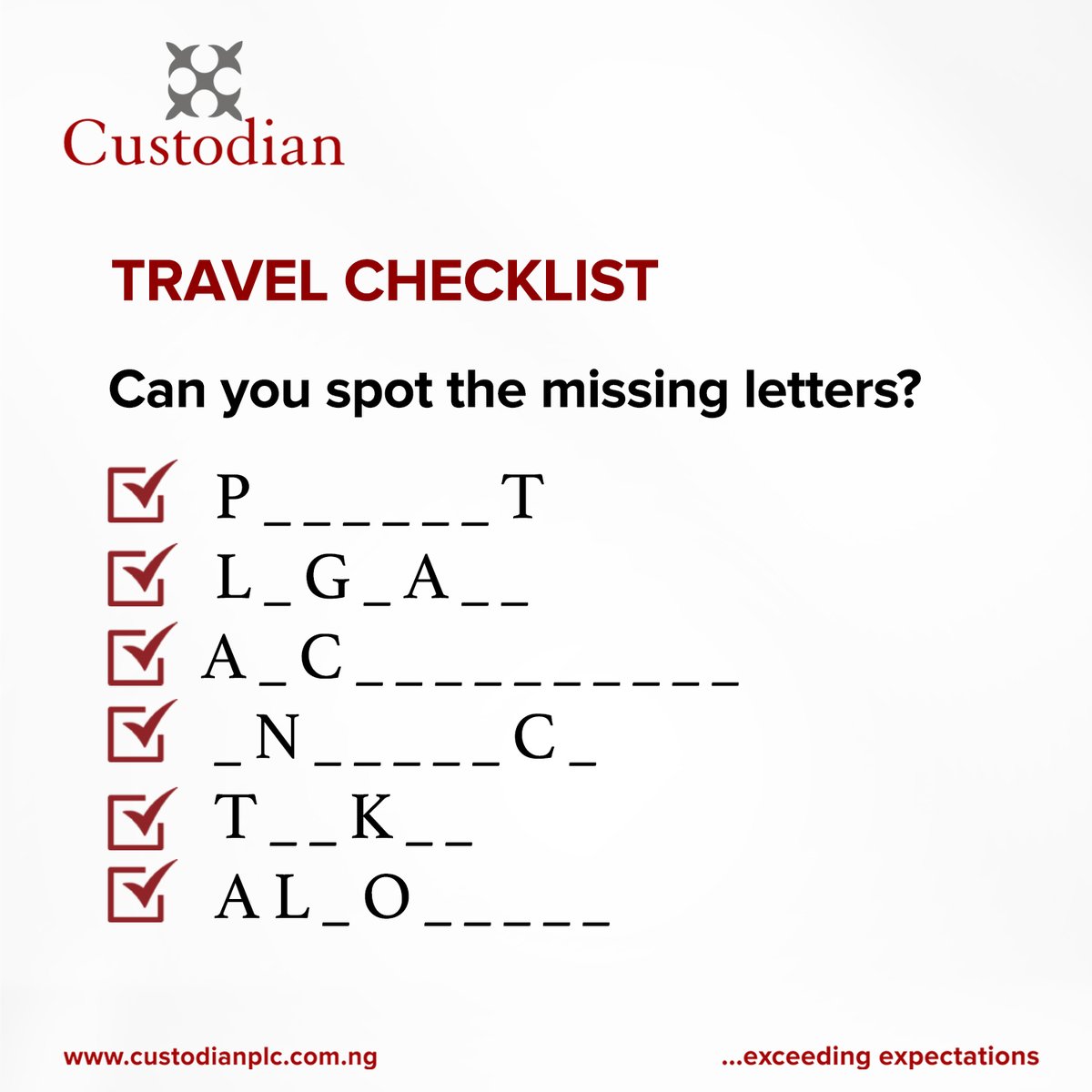 Custodian Investment Travelchecklist The Words In The Image Below Are Synonymous With Travel Can You Spot The Missing Letters Games Puzzle Wordgame Fun Exceedingexpectations Insurance Insurance T Co Vkgmfngy5q Custodian Investment Travelchecklist The Words In The Image Below Are Synonymous With Travel Can You Spot The Missing Letters Games Puzzle Wordgame Fun Exceedingexpectations Insurance Insurance T Co Vkgmfngy5q