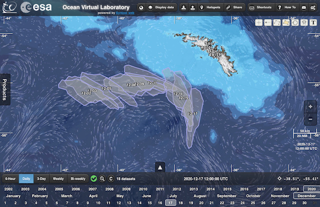 Ice drift of the #A68A iceberg of South Georgia drawn from #Sentinel3 SLSTR False Color on <a href="/oceanvirtuallab/">Ocean Virtual Lab</a> <a href="/ESA_EO/">ESA Earth Observation</a> portal. Shapes are plotted  over gebco bathymetry and streamlines shows NRT geostrophic #GlobCurrent <a href="/CMEMS/">Cosuke-bizarre</a> current. Data are visible on odl.bzh/I6-vJDCo