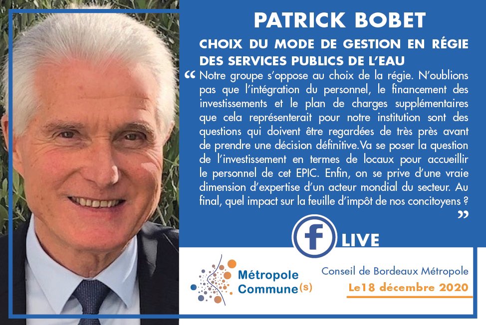 MtropoleCommun1's tweet photo. Intervention en conseil de Bordeaux Métropole du Président du Groupe Métropole Commune (s) #PatrickBobet sur le choix de la majorité actuelle de passer en mode de gestion en régie des services publics de l’eau 
#conseildebordeauxmetropolelive #services #eau #gestion https://t.co/Fhlu1MJb57