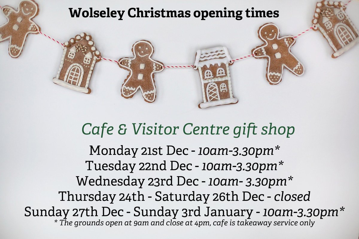 Here's our opening times for Wolseley, including our gift shop and Kingfisher cafe (takeaway only), for Christmas and New Year! We hope to see you in the run up to, and after the festive season! ☃️🎁❤️
Thank you so much for supporting us in 2020.