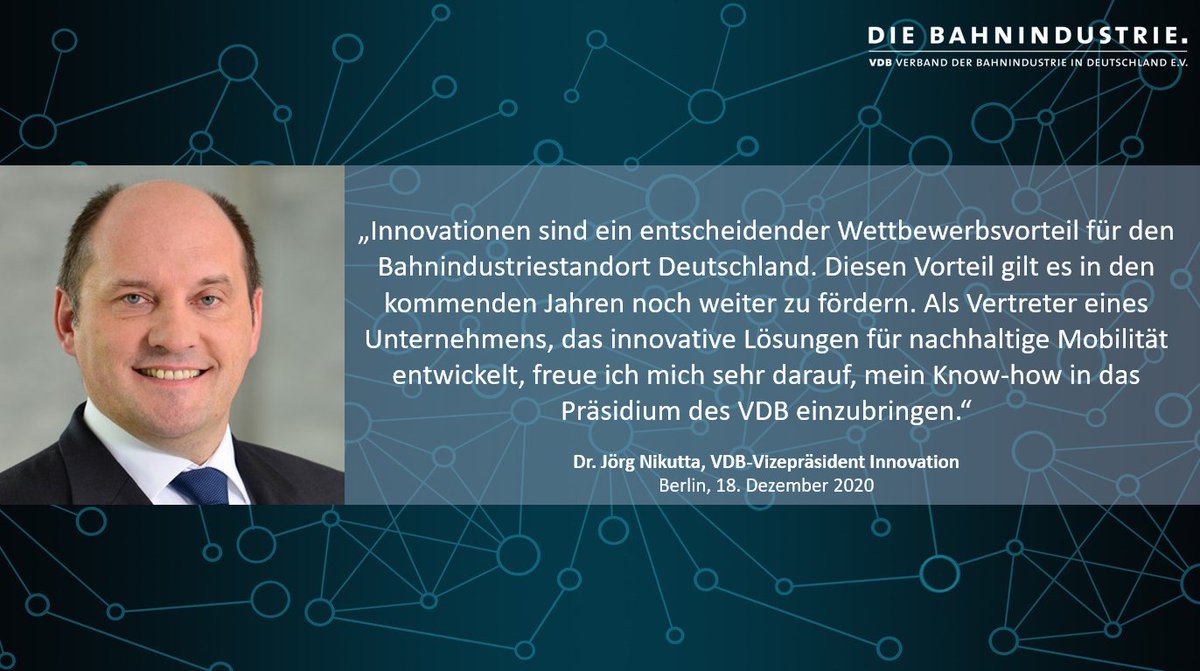 Bahnindustrie_D's tweet photo. Das Megathema #Innovation wird 2021 noch stärker im #VDB-Präsidium gespiegelt. Als Vizepräsident Innovation wird @JNikutta zentrale Wachstumstrends für die #Bahnindustrie vorantreiben.

#MobilitätNeuErfinden https://t.co/wBaeST7vqI