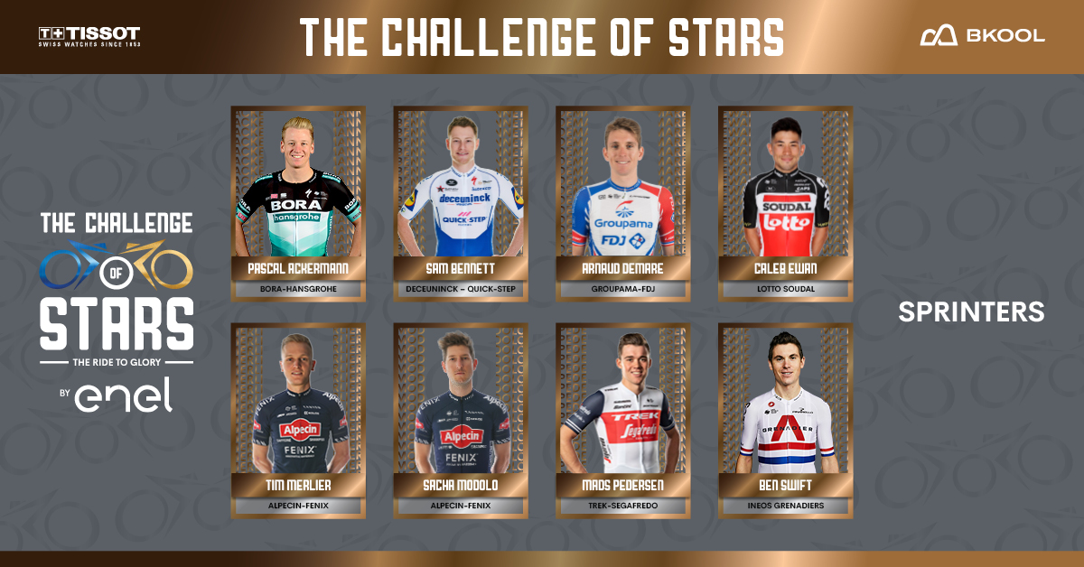 🚀The best sprinters are going to compete at #TheChallengeofStars by @enelenergia! We can't wait to reveal the match-ups between our 8 Stars. @BkoolSport 👉@Ackes171 👉@Sammmy_Be 👉@ArnaudDemare 👉@CalebEwan 👉@MerlierTim 👉@SachaModolo 👉@Mads__Pedersen 👉@swiftybswift