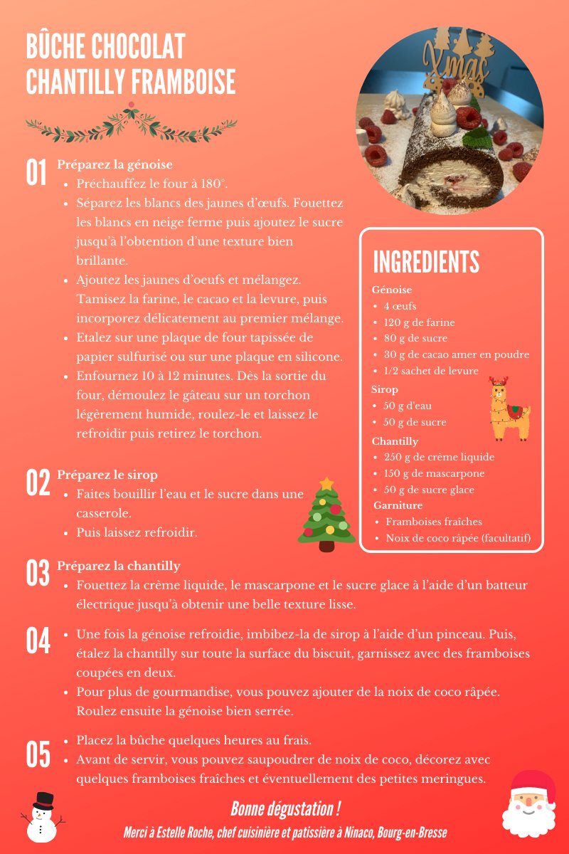 Bourg_en_Bresse's tweet photo. #RecetteDuDimanche - #Bûche de #Noël ! 🎅
👩🍳 Estelle Roche, chef cuisinière et pâtissière à #Ninaco vous propose sa #recette de bûche chocolat chantilly framboise.
😋 Simple mais toujours délicieuse ! https://t.co/TMME4yNJ2H
