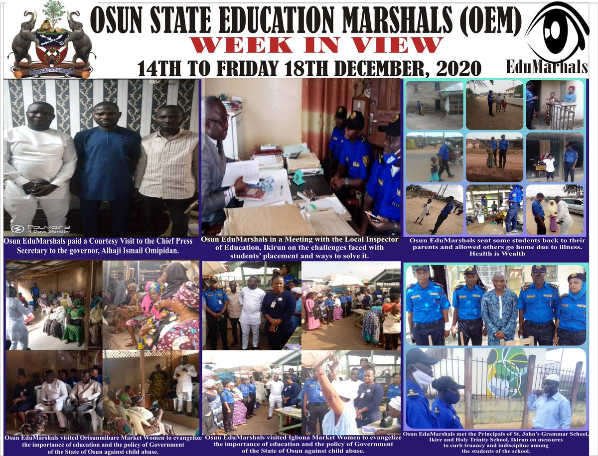 This Week Summary of Osun State EduMarshals activities.
<a href="/GboyegaOyetola/">Adegboyega Oyetola</a> <a href="/FBamisayemi/">Folorunso Bamisayemi</a> @OgidanAkinola <a href="/STELLABLAIZE/">⭐️Stella Blaize💫Founder EduMarshals</a> <a href="/Osun_edu/">Ministry of Education Osun State</a> @RealOSHoA @Women_MinOsun <a href="/IlerioluwaC/">Ilerioluwa Connect Group (I C G).</a> <a href="/bolafams/">Ajibola Famurewa</a> <a href="/OyebamijiBola/">Bola Oyebamiji</a> <a href="/osbcng/">OSBC</a> @osun_hub <a href="/IpinleOsun/">The People of Osun State.</a> @OPFosun <a href="/OsunCPS/">Osun CPS</a>