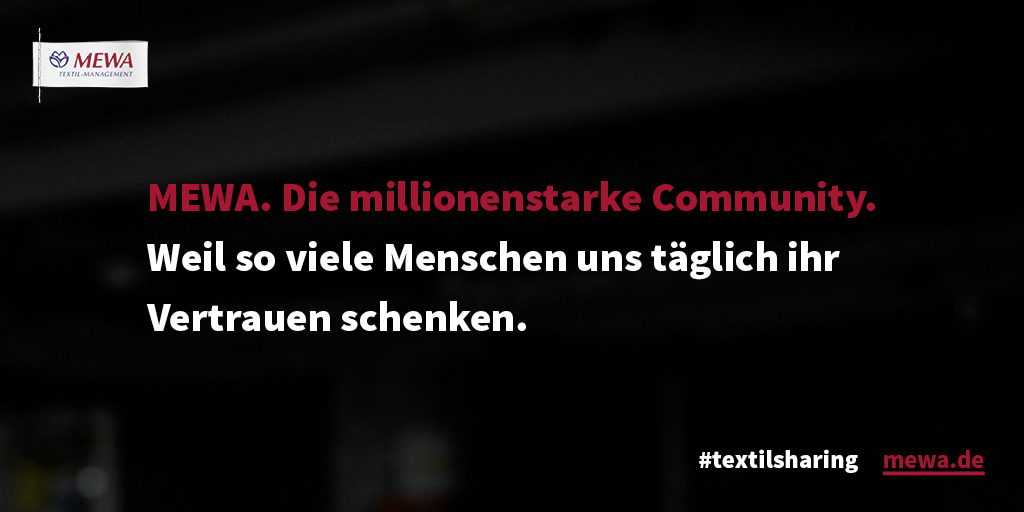 Wir sind eine große Community. 1,2 Mio. Menschen nutzen tagtäglich unsere Kleidung, 2,6 Mio. verwenden das MEWA Putztuch. 11,1 Mio. Kleidungsteile befinden sich im Umlauf, über 1.000 Servicefahrer sind täglich für dich unterwegs. Werde teil der Community.

#mewatm #textilsharing