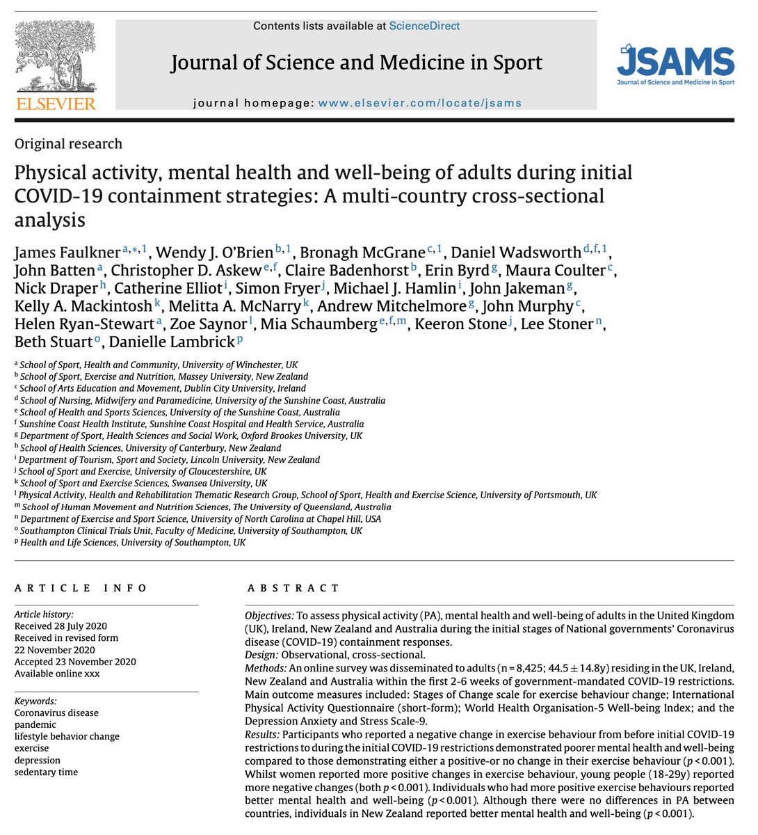 New publication examining the physical activity levels, mental health and wellbeing of adults during Phase 1 of the coronavirus restrictions in Ireland, UK, New Zealand and Australia. Pleasure to contribute to the Irish arm alongside  @DrBMcGranePE  @MauraColt Some findings 