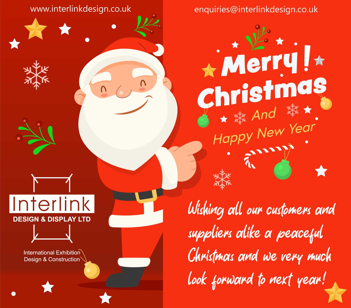 DesignInterlink's tweet image. 'Season's Greetings' from the Interlink Team albeit a quiet one this year! We look ahead to 2021! #Christmas @DesignInterlink #HolidaysAreComing #festiveseason #exhibition #exhibit #expopros #boothdesign #festivecheer #santa #design #designer #tradeshows2021