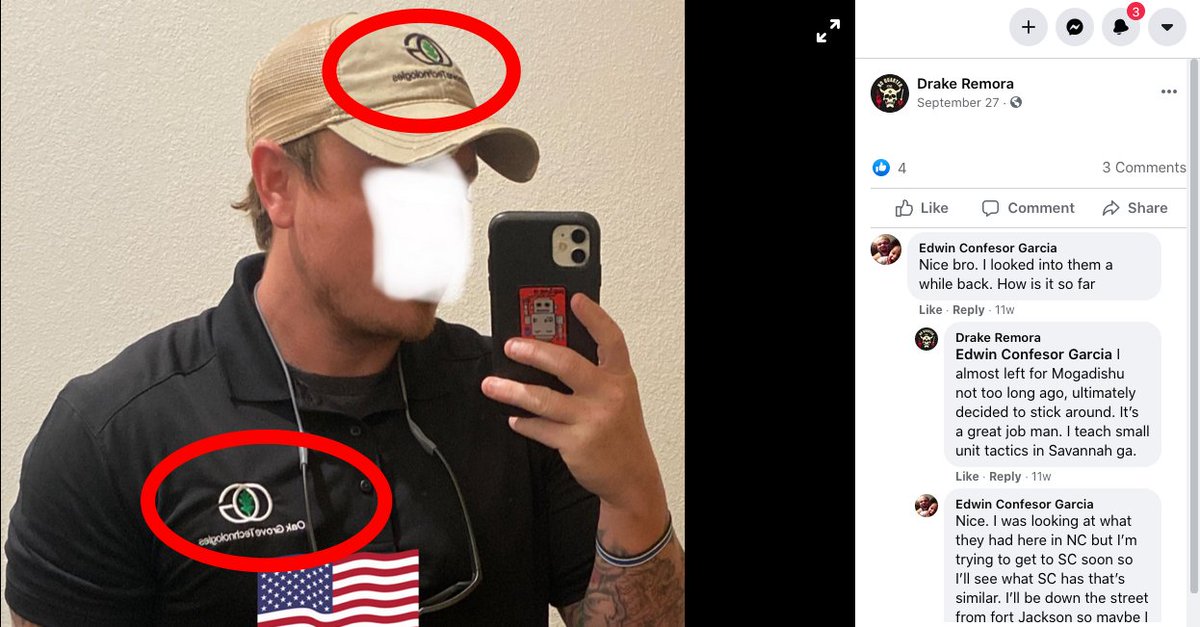 9/ And if you're going to use a fake name and blur your face on Facebook-- don't leave your tattoos visible while you're wearing a shirt *and* hat with your employer's name on it, Justin Daniel Gibson of the Georgia III% Security Force.