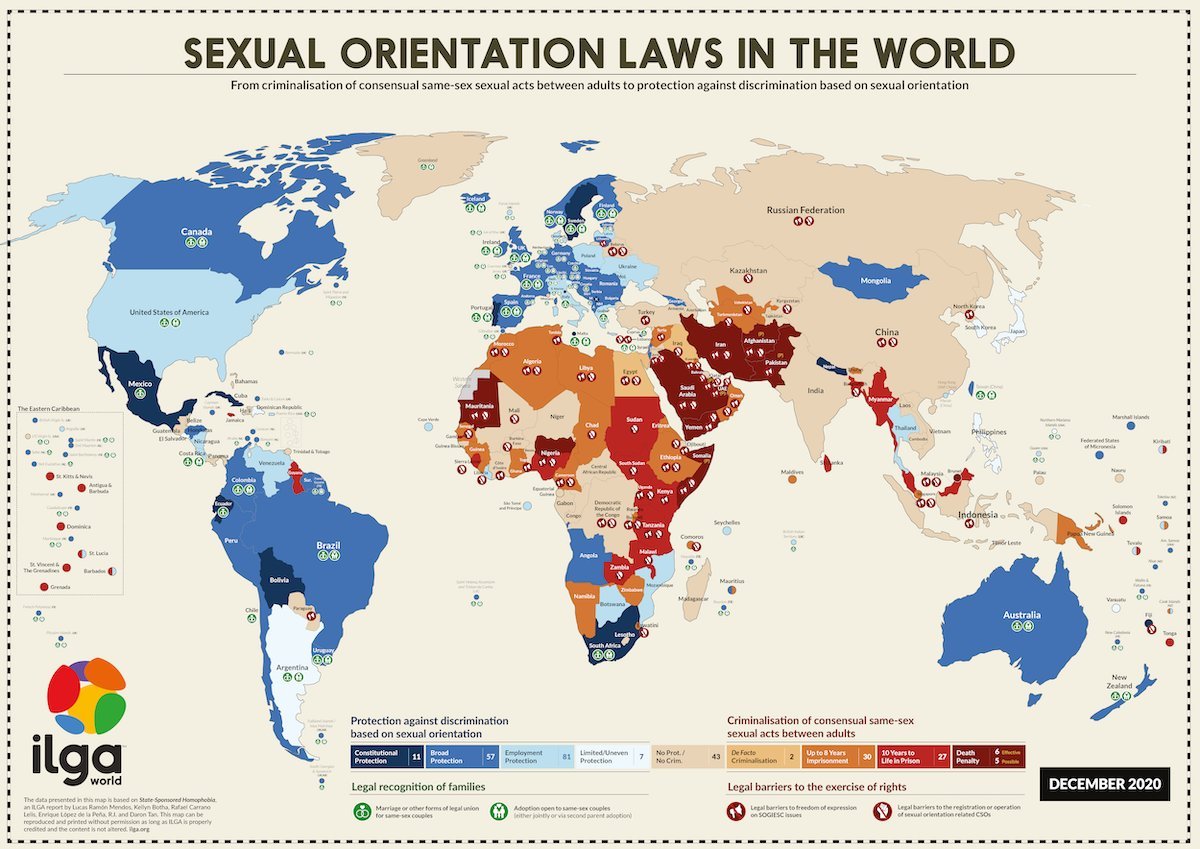 A lot of people have been RTing this map of state-sponsored homophobia (from here:  https://ilga.org/ilga-world-releases-state-sponsored-homophobia-December-2020-update) Let me explain why I dislike this map--and maps like it--SO much.