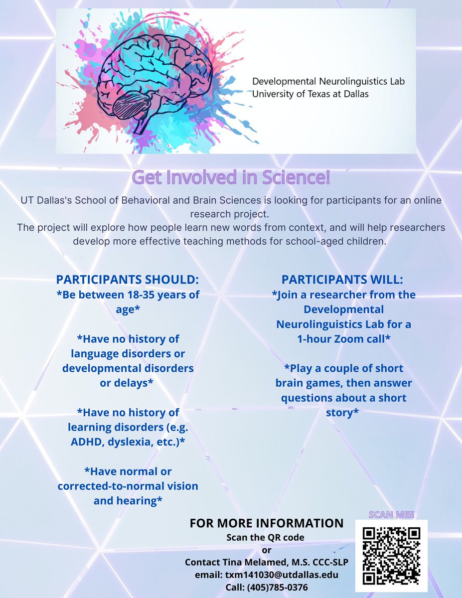 tinamelamed's tweet photo. Wanted! Participants for an online study (conducted via zoom) about language processing. See the flyer attached for more details and contact info. You can also fill out this secure form to send your details to the researcher who will follow-up with you: https://t.co/qorlEUZBMd https://t.co/ABfaHqgLbu