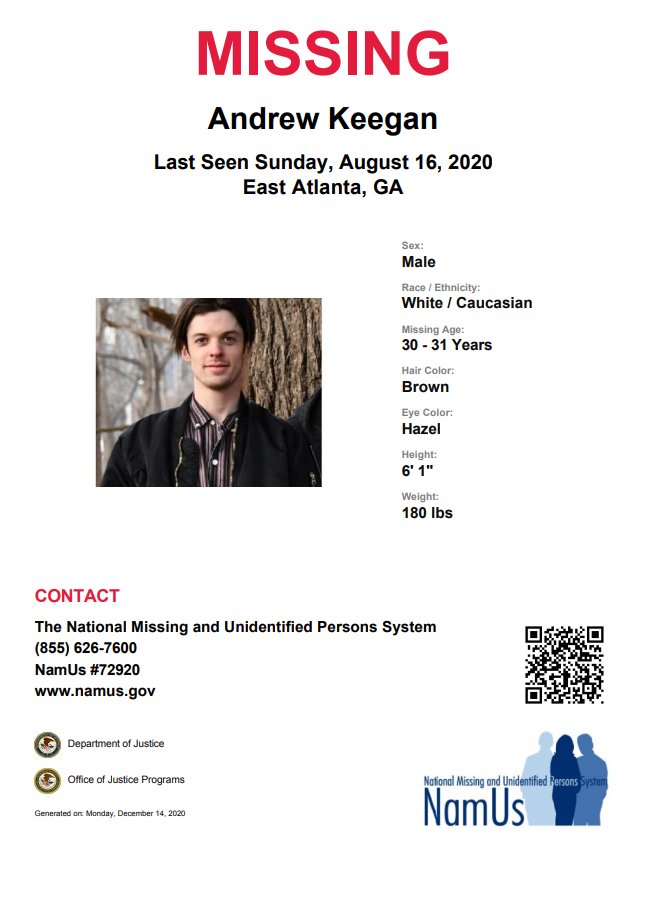 Andrew Keegan was last seen on August 16, 2020, in East Atlanta, Georgia. More information regarding his disappearance can be found in his #NamUs case file: namus.gov/MissingPersons…