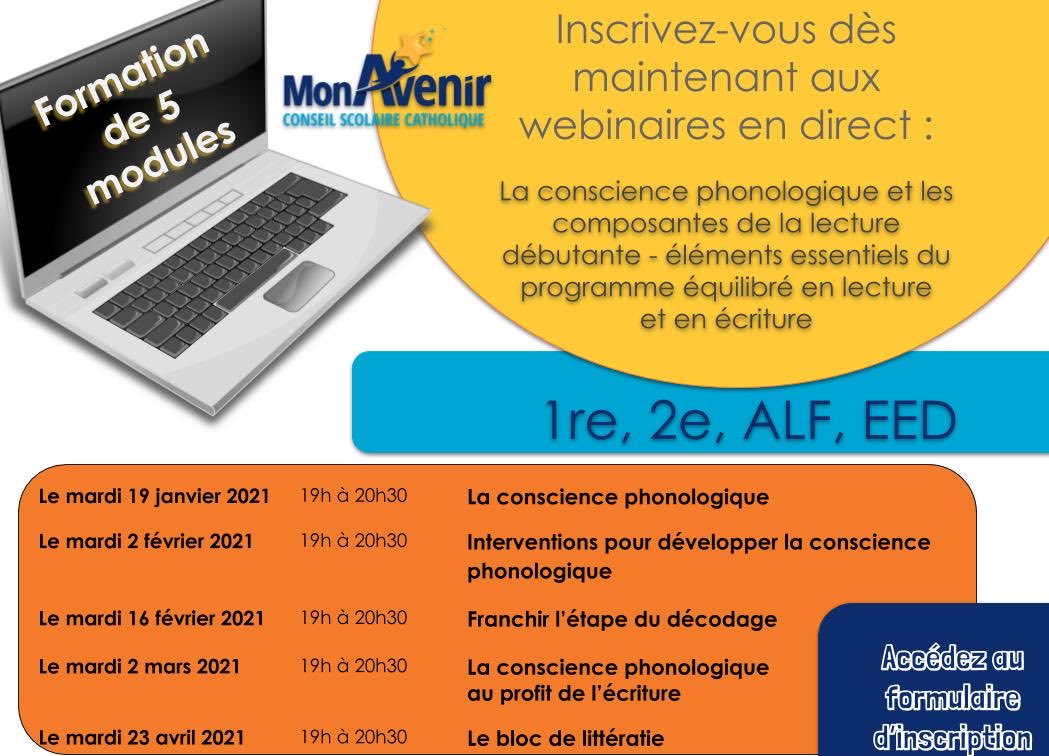 Enseignants de 1re, 2e, ALF et EED du 
<a href="/cscmonavenir/">Csc MonAvenir</a> 5 modules portant sur la conscience phonologique et les composantes de la lecture débutante. Voici le lien pour s’inscrire : bit.do/consciencephon…