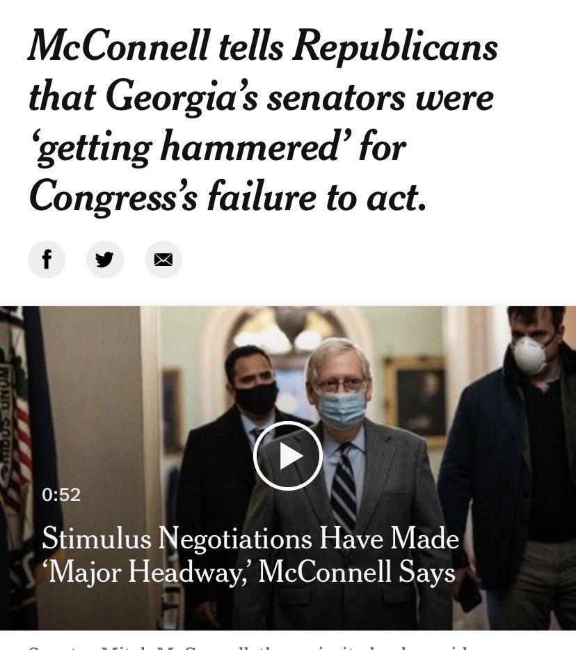 As NYT, Politico & others reported, McConnell wants a deal to help in GA. The idea that he’ll swallow 900B but would have rejected 1.1T or 1.2T is heavy on assumption and light on evidence. Dem leaders gave away their chance to try for more when they endorsed the 900B baseline.
