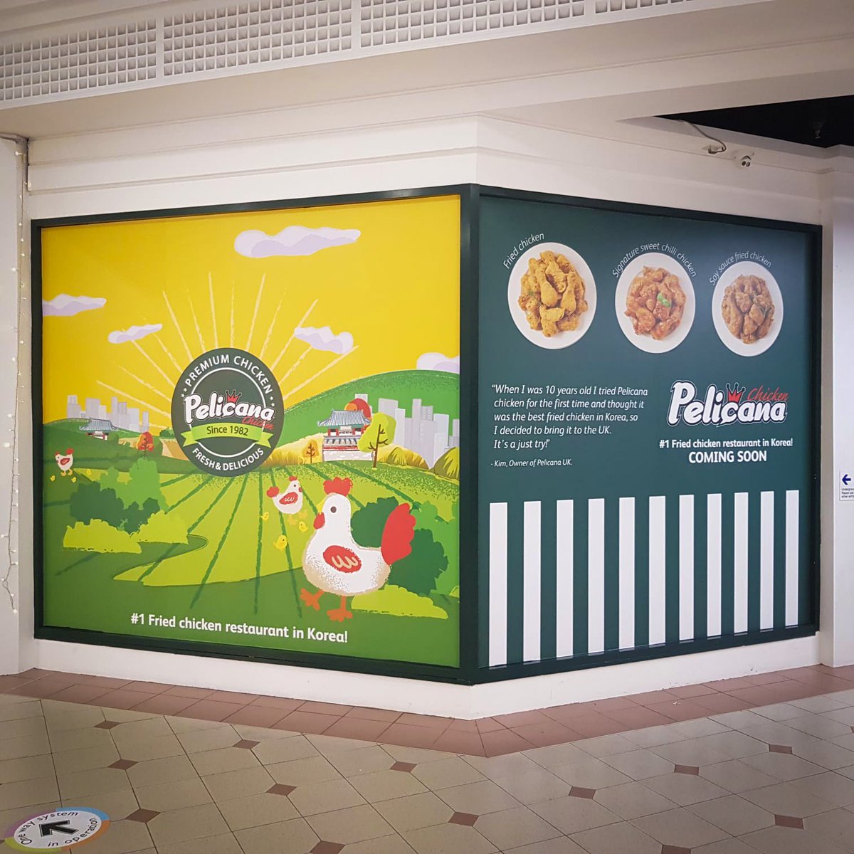 pjsigns's tweet photo. Hoarding graphics recently installed to glazing to announce the first ever UK Chicken Pelicana restaurant at Hammersmith Broadway, they will be serving fantastic Korean fried chicken soon 😋  #hoardinggraphic #digitalprinting #comingsoon #chickenpelicana https://t.co/nhSTXZI1Rs
