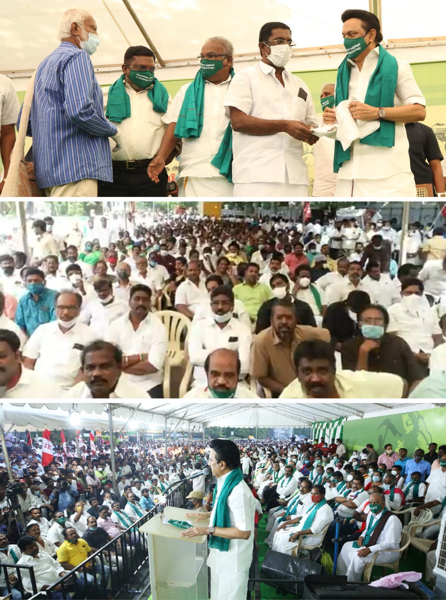 mkstalin's tweet photo. Today, parties belonging to the Secular Progressive Alliance undertook a day-long fast in Chennai supporting our farmers protesting all over the country.

These protests will continue across the country until the 3 Farm Laws are repealed by the BJP Govt. 

#DMKforFarmers https://t.co/ZOTfZasmxP