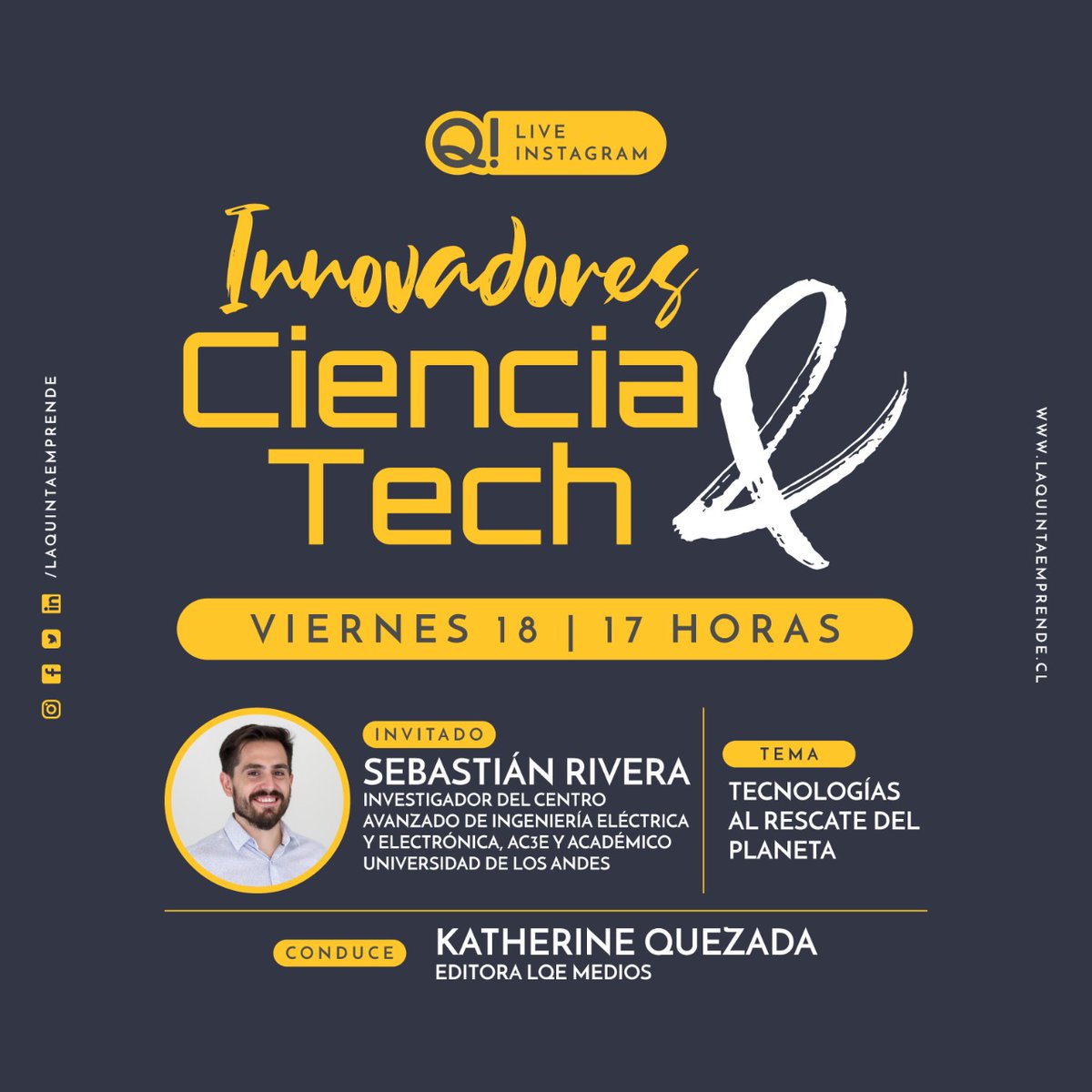 Hoy a las 17:00 hrs. estará nuestro investigador Sebastián Rivera en Innovadores Ciencia &amp; Tech de 
<a href="/QuintaEmprende/">La Quinta Emprende</a> conversando sobre algunos proyectos desarrollados por el <a href="/AC3E_cl/">AC3E</a> que contribuyen al uso de energías renovables. ¡No se la pierdan!