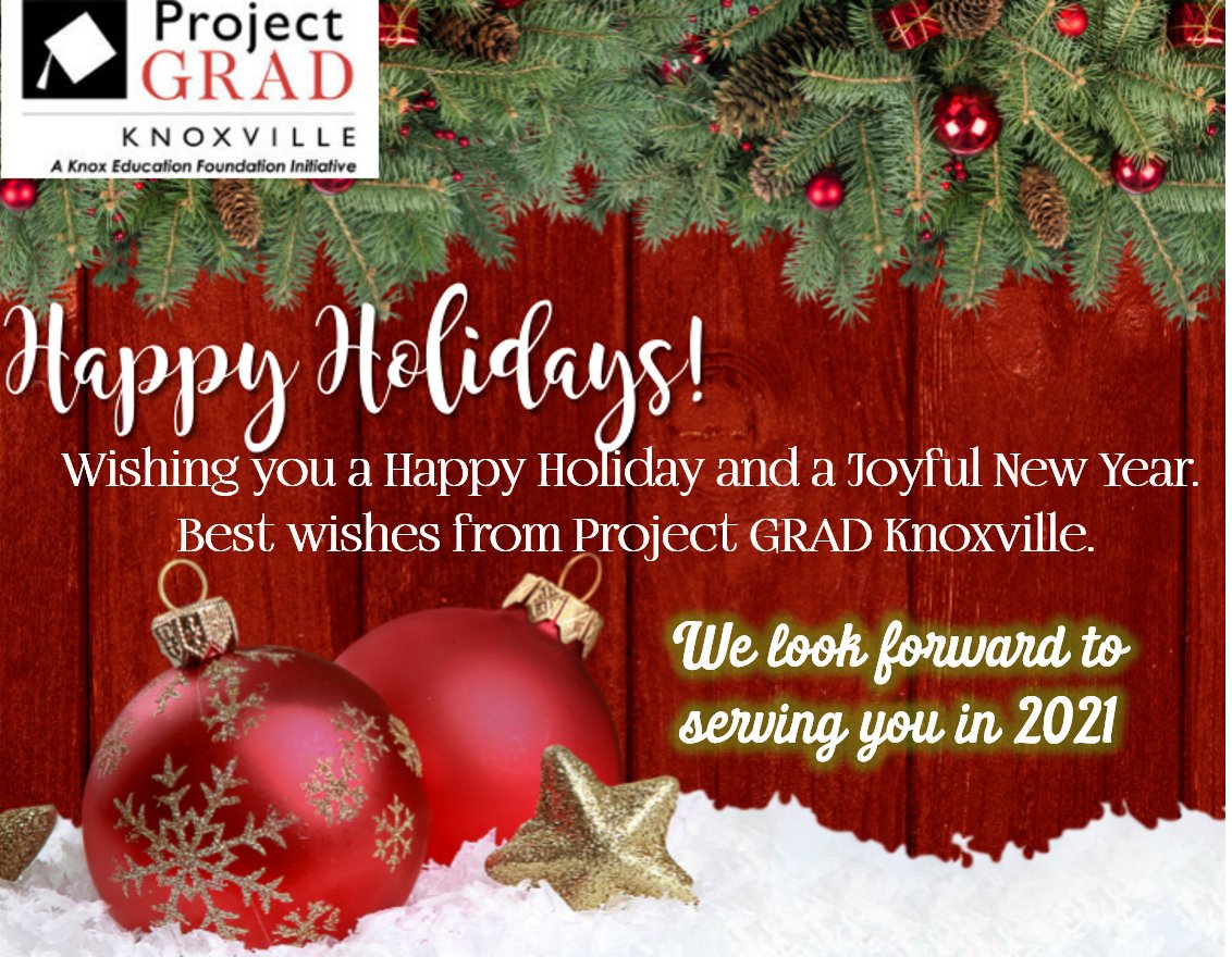 Project GRAD Knoxville will close from December 21st returning January 4th.  
Wishing you all the best!
𝙋𝙧𝙤𝙟𝙚𝙘𝙩 𝙂𝙍𝘼𝘿 𝙆𝙣𝙤𝙭𝙫𝙞𝙡𝙡𝙚