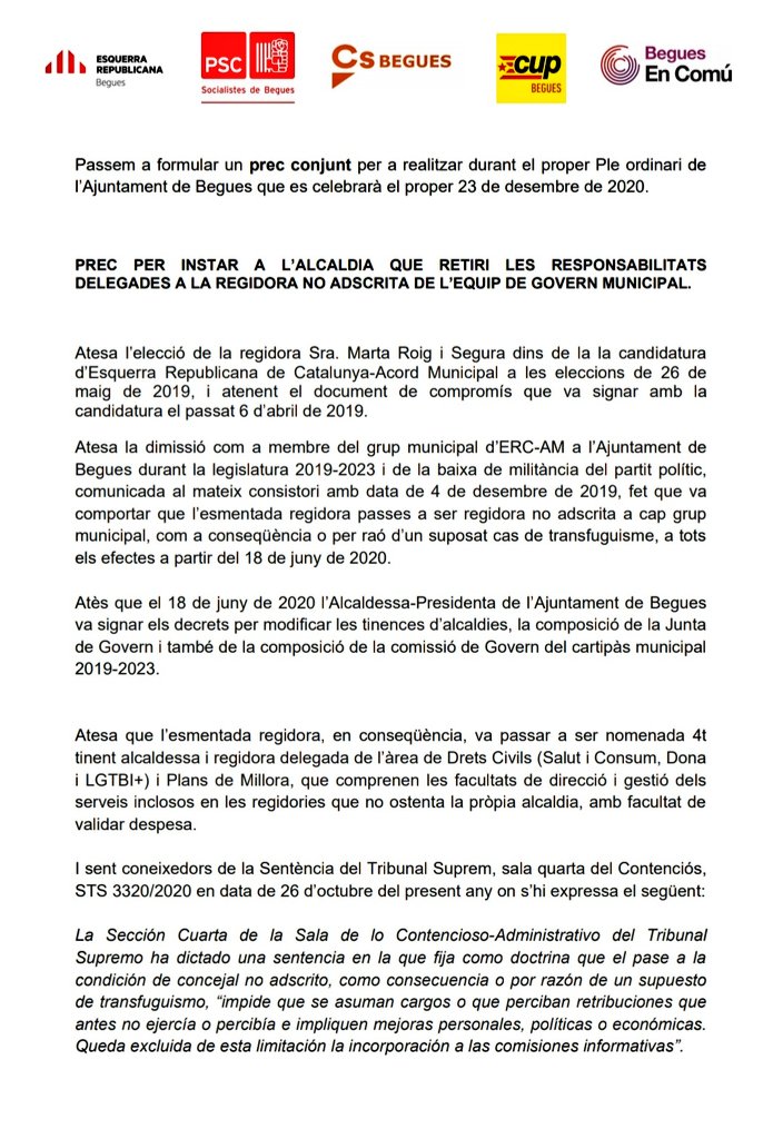 Esquerra_Begues's tweet photo. 📃Aquí podeu llegir el prec conjunt per instar a l'alcadia a que retiri les responsabilitats delegades de la regidora no adscrita de l'equip de govern municipal @ajbegues #Begues #Baixllobregat #RepensemBegues https://t.co/EaAPd1ojyb