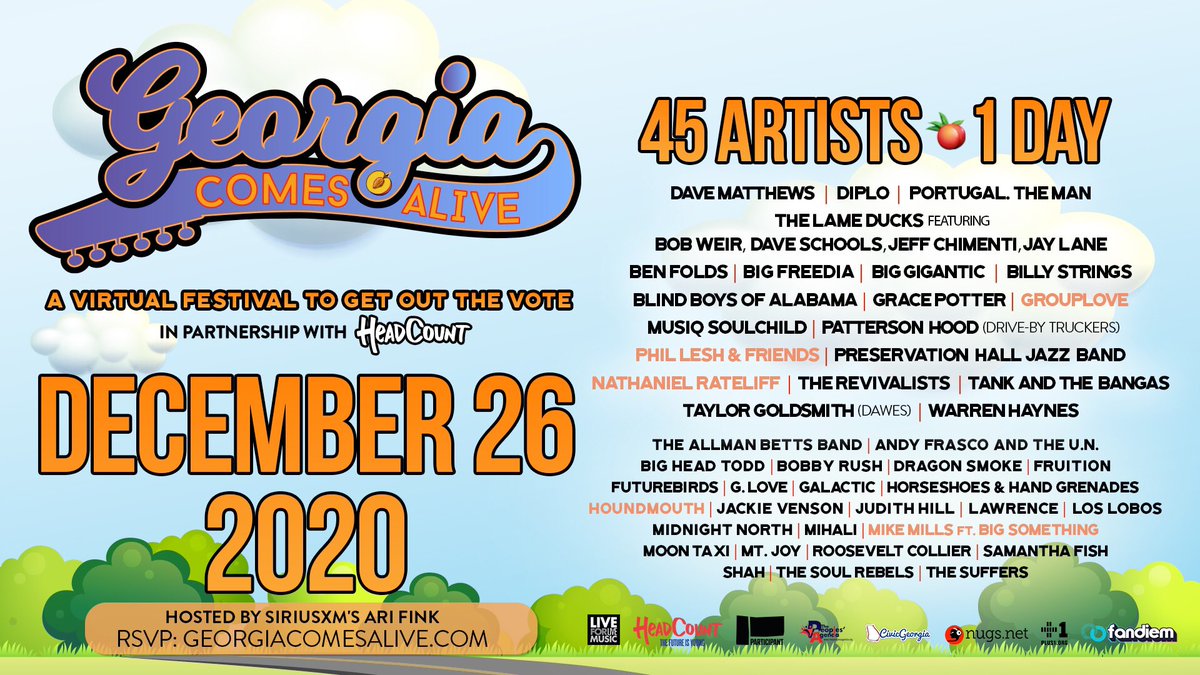 We’re excited to add @NRateliff, Phil Lesh & Friends, Mike Mills Ft. @BigSomething, @GROUPLOVE, & @Houndmouth to the lineup for @GAComesAlive! Donate any amount & tune in on Saturday 12/26 and help get out the vote for the GA runoff elections: georgiacomesalive.com