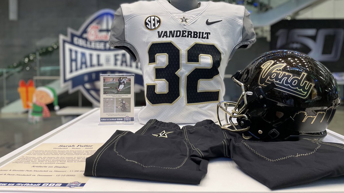 cfbhall's tweet image. On display @cfbhall is the uniform of @VandyFootball kicker @SarahFuller_27; who made history as the first female to play and score in a Power 5 college football game. Congrats Sarah and thank you for entrusting us with the safe keeping of this rich piece of history! #AnchorDown