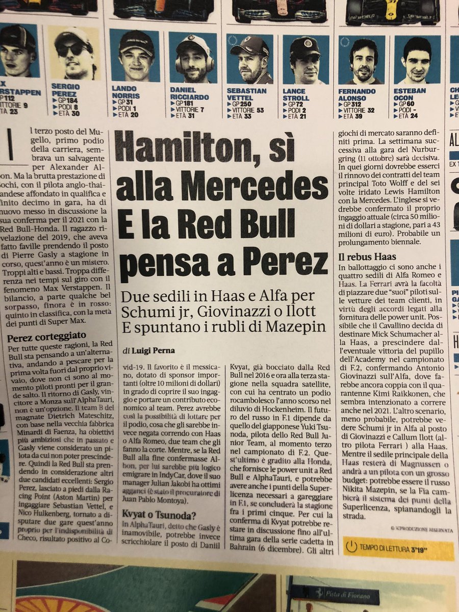 Gazzetta dello Sport, 1 ottobre 2020, indiscrezioni di mercato: #Perez #Redbull  #Tsunoda #AlphaTauri #Mazepin #Haas <a href="/Gazzetta_it/">La Gazzetta dello Sport</a>