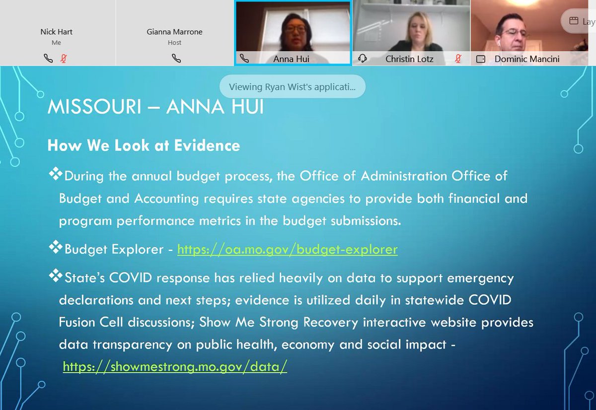 Anna Hui: how we look at evidence in Missouri. "COVID has certainly demonstrated...why data is needed and required in terms of our day-to-day decision-making."  #EvidenceBased  #Covid19 /15