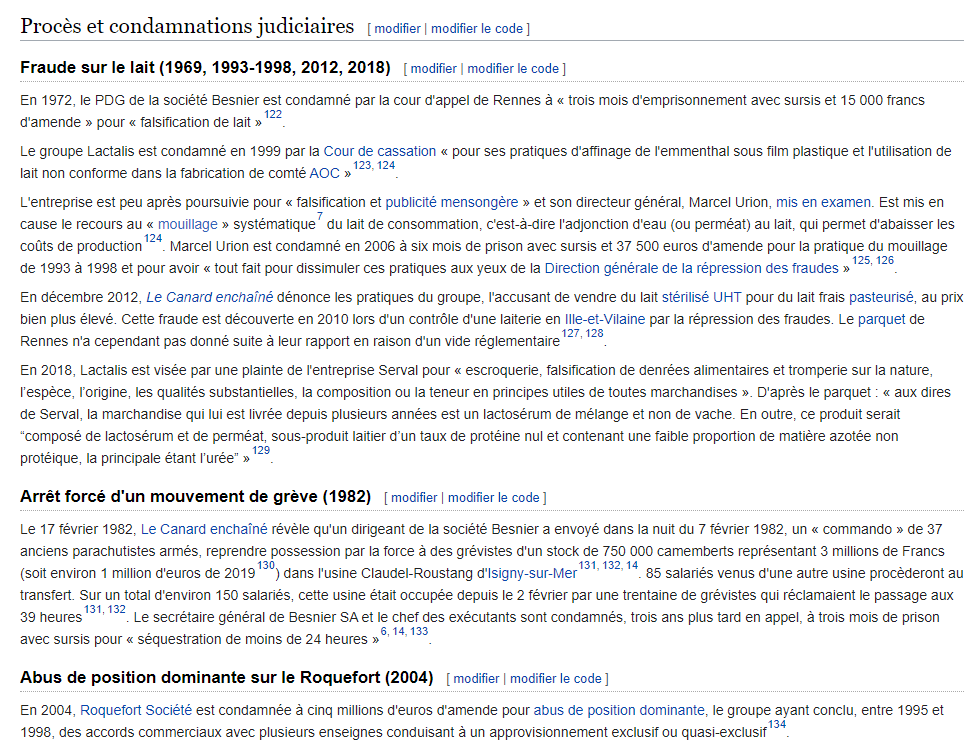 There is also a 2,400-word section on all of the court cases where Lactalis has been found guilty of fraud, illegal strike-breaking, price fixing, pollution of rivers, and selling baby formula contaminated with salmonella, resulting in its CEO being arrested in 2019. /11