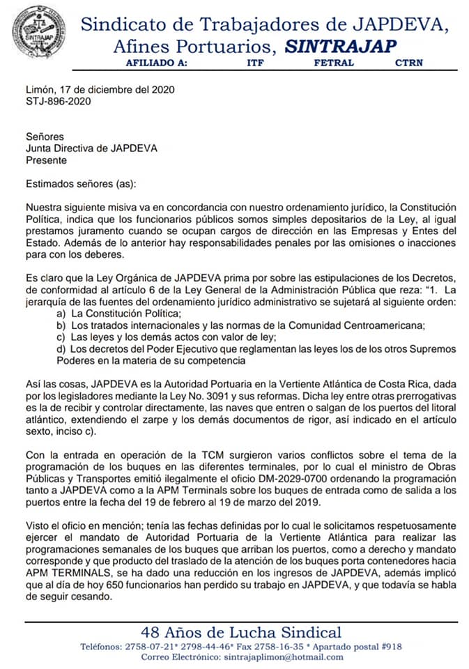 ITF_Americas's tweet image. #CostaRica #Noticias trabajadores de #JAPDEVA nucleados @SINTRAJAP continúan solicitando que se reactive la carga que monopoliza #APMTerminals en #PuertodeMoín. Exigimos intervención del #MOPT para dar lugar a los reclamos y garantizar la legítima competencia en #Limón #SomosITF