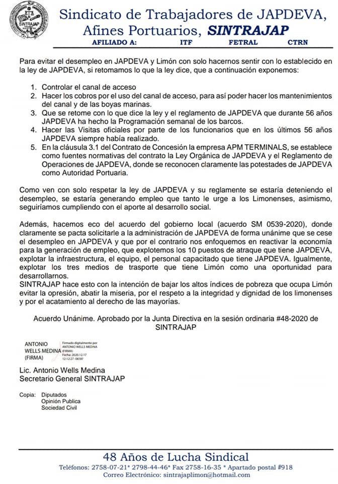 ITF_Americas's tweet image. #CostaRica #Noticias trabajadores de #JAPDEVA nucleados @SINTRAJAP continúan solicitando que se reactive la carga que monopoliza #APMTerminals en #PuertodeMoín. Exigimos intervención del #MOPT para dar lugar a los reclamos y garantizar la legítima competencia en #Limón #SomosITF