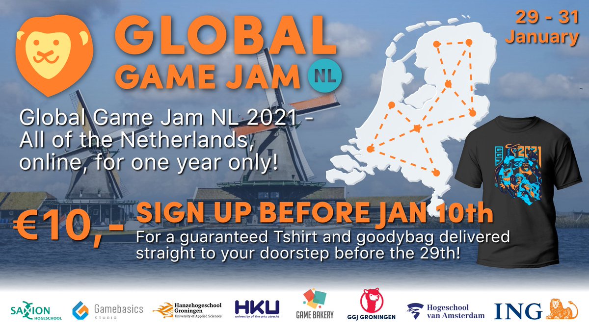 GlobalGameJamNL's tweet photo. Tickets for the GGJ NL are available! An online game jam for anyone in the Netherlands, from the comfort of your home! We want to keep up traditions, though: if you sign up now, we'll send you a goodie bag with a T-shirt! https://t.co/dk0eUxuwlh