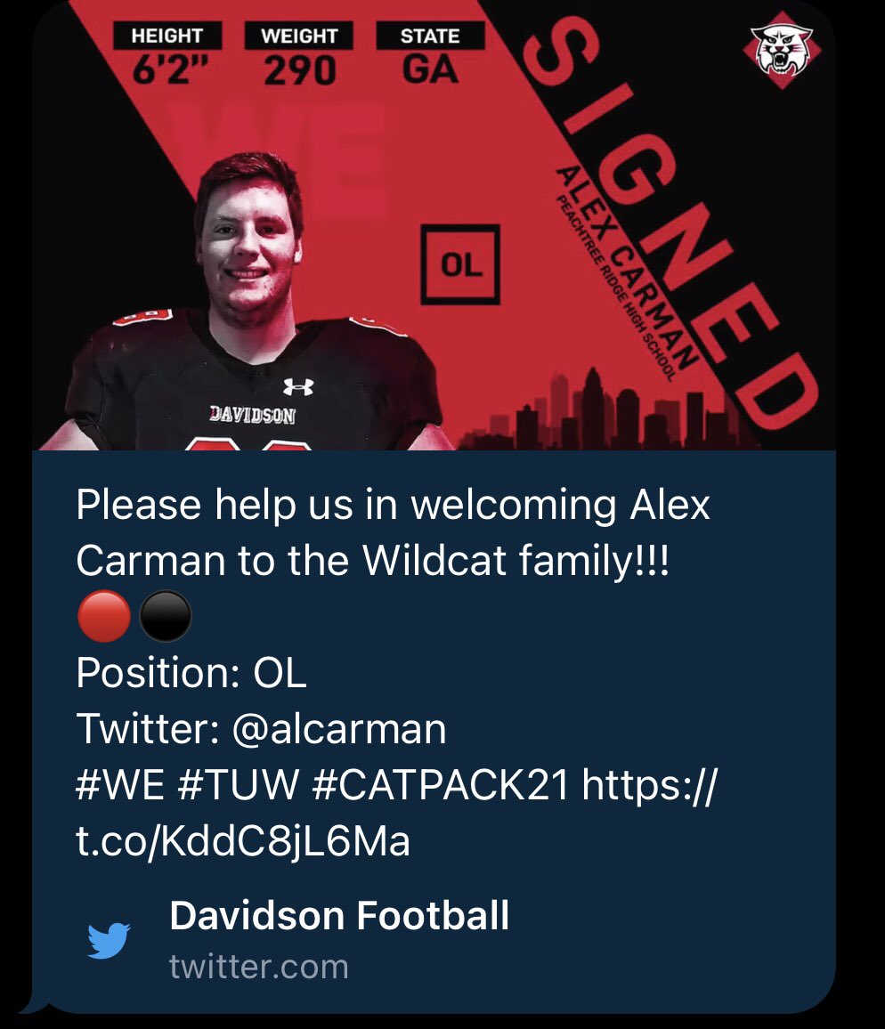 Congratulations to <a href="/alcarman/">Alex Carman</a> and <a href="/DavidsonFB/">Davidson Football</a> #oneRidge