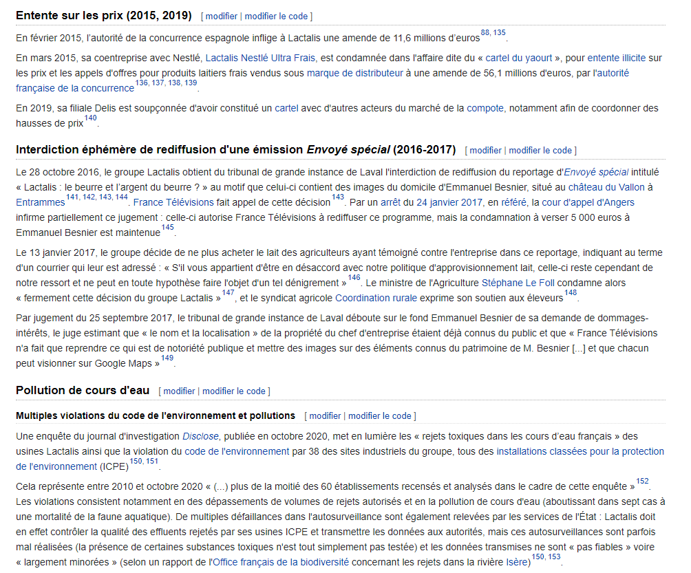 There is also a 2,400-word section on all of the court cases where Lactalis has been found guilty of fraud, illegal strike-breaking, price fixing, pollution of rivers, and selling baby formula contaminated with salmonella, resulting in its CEO being arrested in 2019. /11