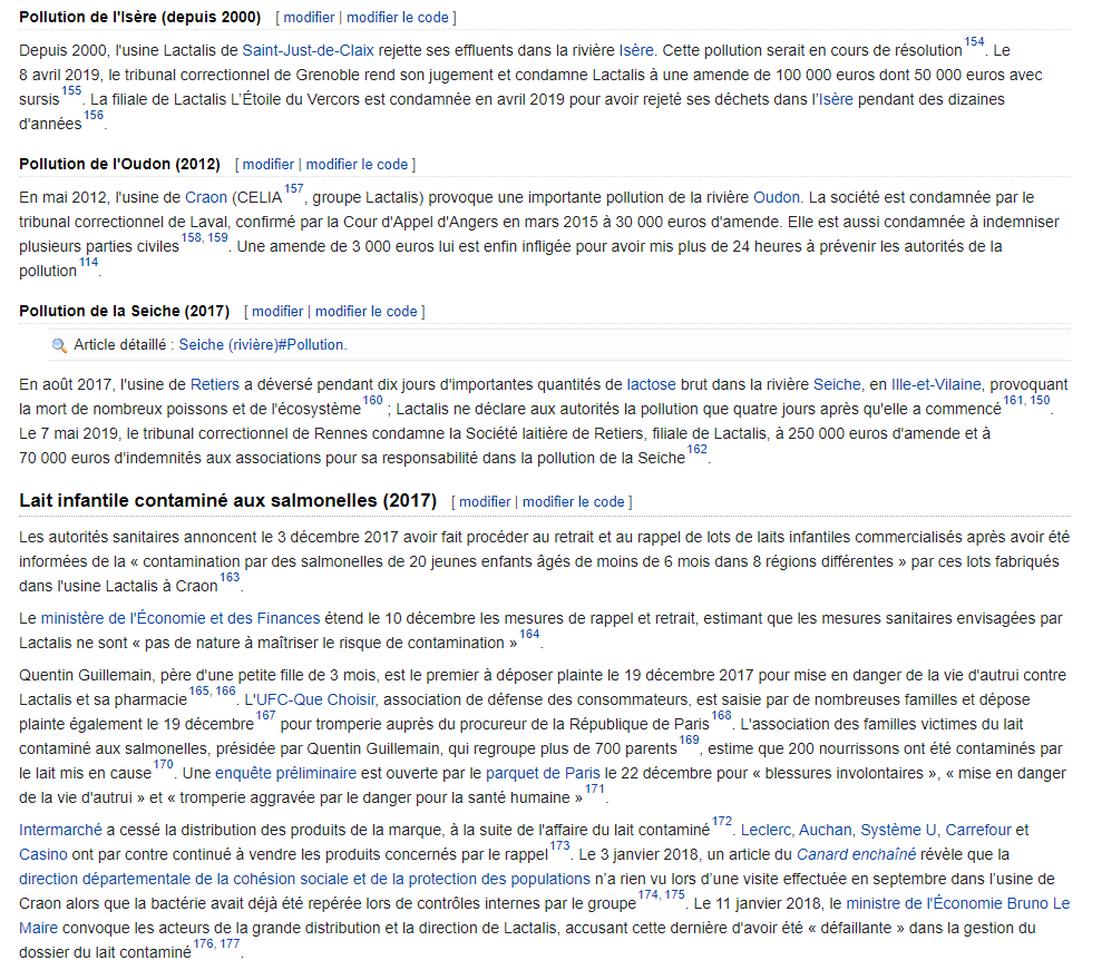 There is also a 2,400-word section on all of the court cases where Lactalis has been found guilty of fraud, illegal strike-breaking, price fixing, pollution of rivers, and selling baby formula contaminated with salmonella, resulting in its CEO being arrested in 2019. /11