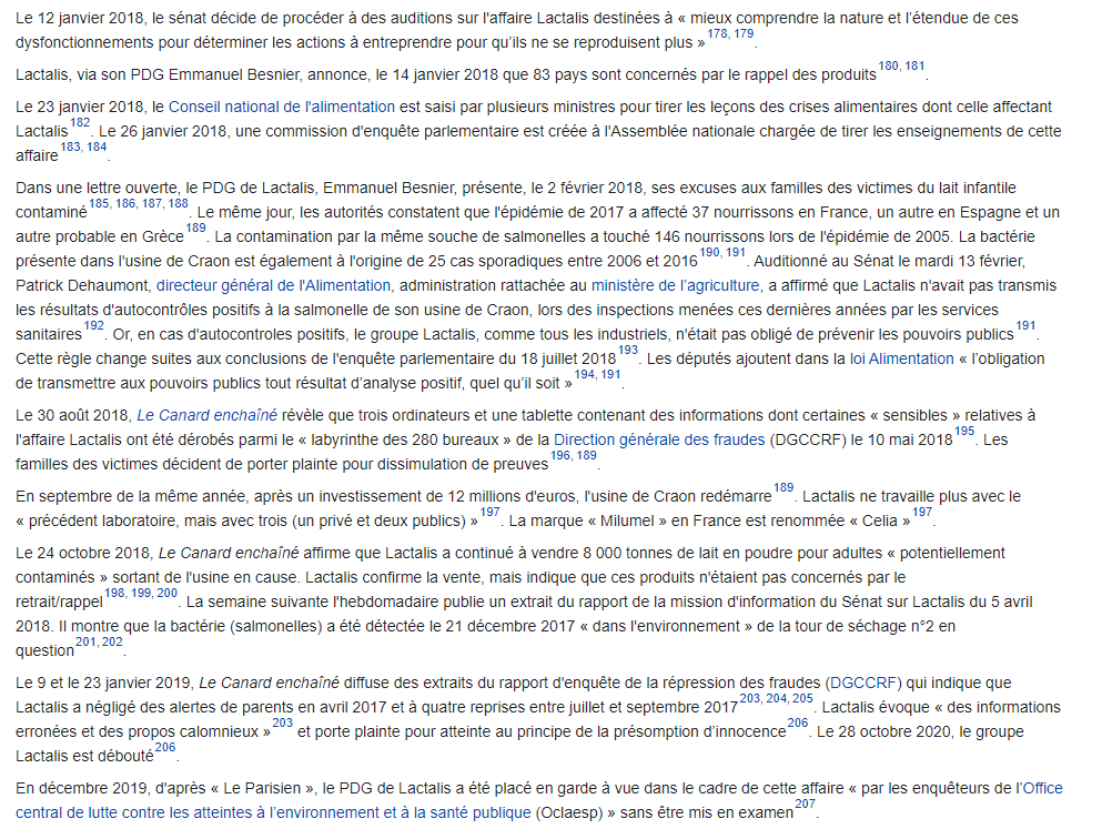 There is also a 2,400-word section on all of the court cases where Lactalis has been found guilty of fraud, illegal strike-breaking, price fixing, pollution of rivers, and selling baby formula contaminated with salmonella, resulting in its CEO being arrested in 2019. /11