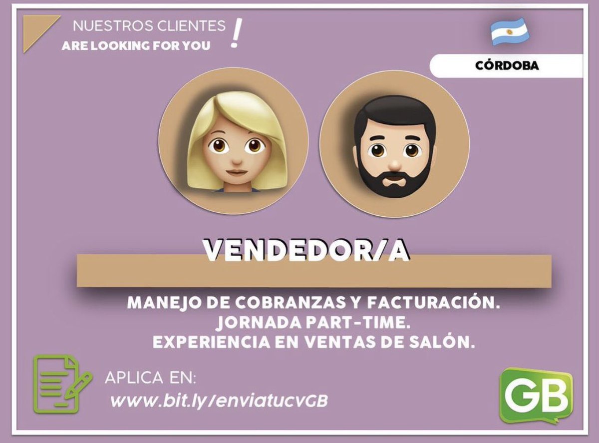 ⚠️ INCORPORACIÓN INMEDIATA 

Si tenes experiencia en ventas y ganas de trabajar, envía tu cv al mail: seleccion3.gbrrhh@gmail.com
O cárgalo al link: bit.ly/enviatucvGB

<a href="/TrabajoArBot/">Bolsa de Trabajo Ar</a> <a href="/empleoytrabajo/">Empleo y Trabajo</a> <a href="/VivireNuevaCba/">VivirenNuevaCórdoba®</a>