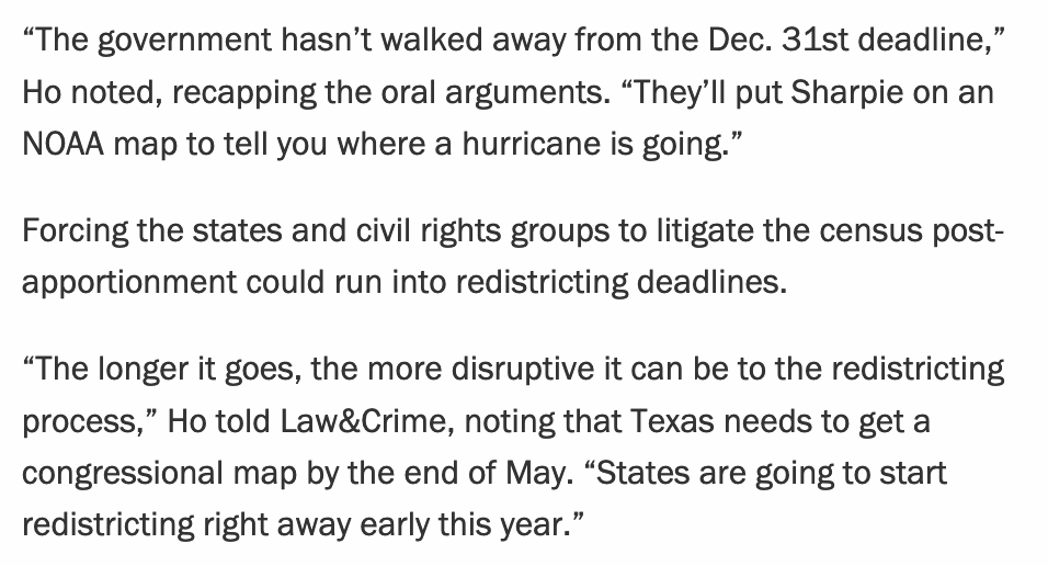 To be clear, Justices Amy Coney Barrett and Brett Kavanaugh tore Trump's interpretation of the apportionment clause to shreds during oral arguments. They just kicked the can down the road in finding that.That delay,  @dale_e_ho told me then, could have real consequences.