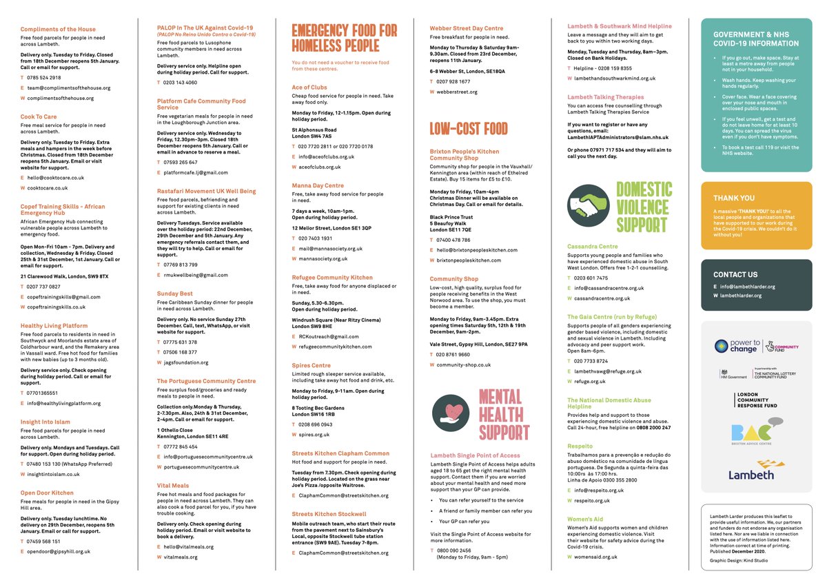 LambethLarder's tweet photo. We are pleased to publish our Winter 2020 directory of local sources! Use it to connect local people, food &amp; support nearby.
 
Download a copy on our website: https://t.co/WAGgkm3Bad, with physical copies being distributed to soon! 

#Lambeth #foodpoverty #emergencyfood https://t.co/1xBiRuHN06