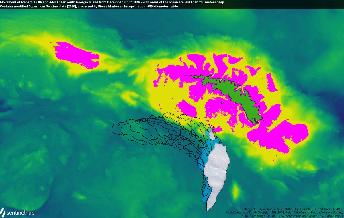 Illustration of movements of Iceberg A-68A and new berg A-68D near South Georgia Island (Dec 8 to 18) at the very edge of ocean areas less than 200 meters deep. Copernicus/Pierre Markuse