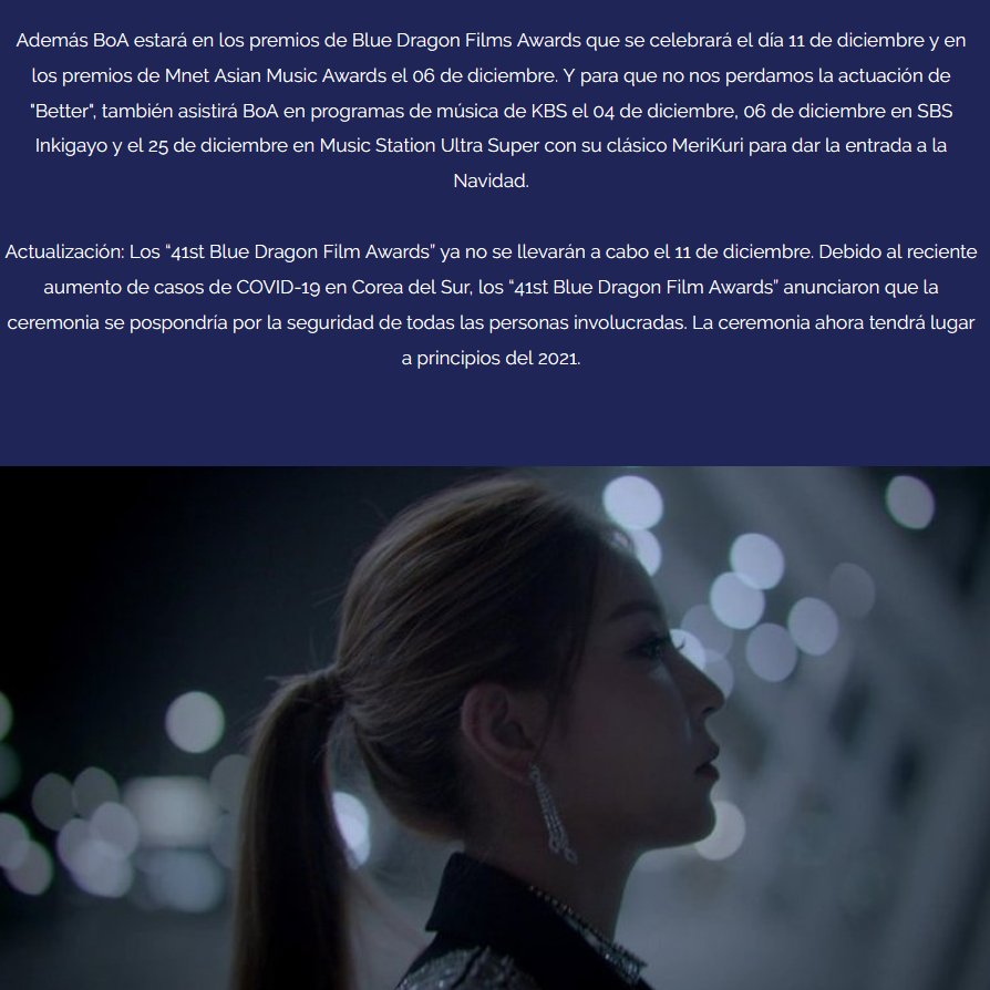 BoASpanish's tweet photo. Anulación de 41st Blue Dragon Film Awards donde BoA iba a ser partícipe. Debido al reciente aumento de casos de COVID-19 en Corea del Sur, anunciaron que la ceremonia se pospondría por seguridad. La ceremonia ahora tendrá lugar a principios del 2021 #BoASpanish #UniónLatina #BoA https://t.co/mWc646LPhe