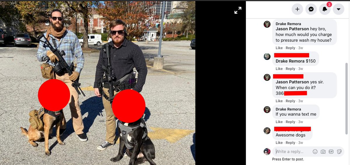 7/ So who is "Drake Remora"?In a Facebook comment asking how much it would be to pressure wash his house, he gives out his phone number.PROTIP: If you're going to use a fake name on Facebook to post pictures of your star-spangled crime gang, don't give out your real number.