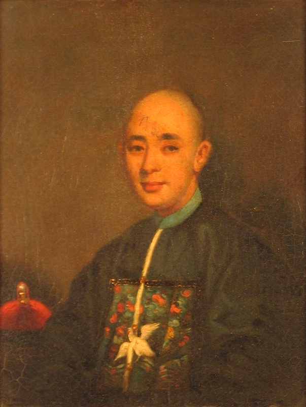 'Portrait of a Young Mandarin' ~ George Chinnery.

A portrait painting of a young Mandarin, seated and wearing a robe bordered in blue and pink. On the front of his robe is a piece of embroidery of a white bird flying among pink flowers and green leaves.