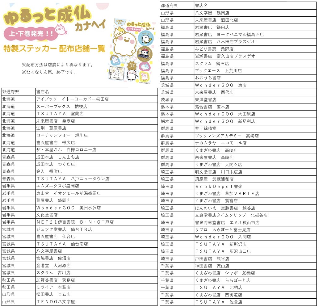 #ゆるっと成仏
特典シールがもらえる書店さん一覧です…!
各書店さんによって配布方法(購入時なのか予約時なのかetc...)が違うとのことなので、確実にゲットしたいという方はお近くの店舗にお問い合わせいただけたらと思います…!?‍ 
